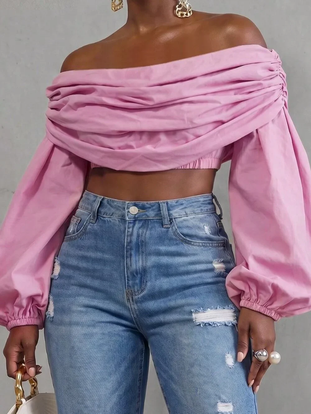 Pink Elegant Women's Casual Ruched Off-Shoulder Cropped Top